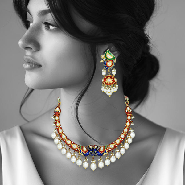 Peacock Motif Enamel Necklace Set with Polki and Pearl Drops